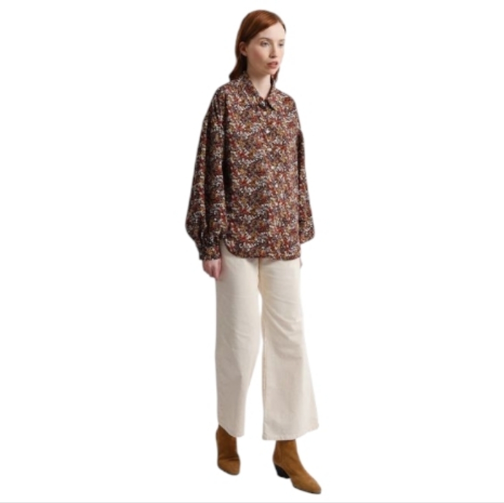 Molly Bracken Fall Ditsy Floral Button Front Blouson Sleeves Size Large